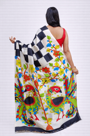 Acid Painted Silk Saree Online check body kalamkari pallu backside