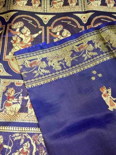 Navy Blue Bishnupuri Baluchari Silk Sari