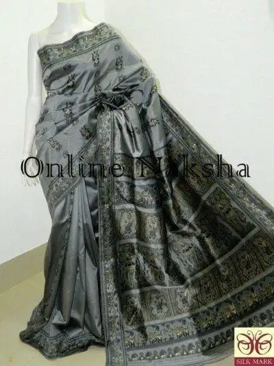 Grey Bishnupuri Baluchari Silk Shari