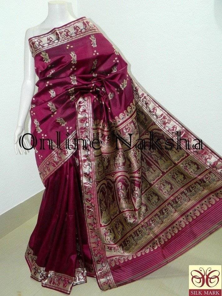 Dark Maroon Handwoven Pure Baluchari Swarnachari Silk Saree –  ShopBollyWear.Com
