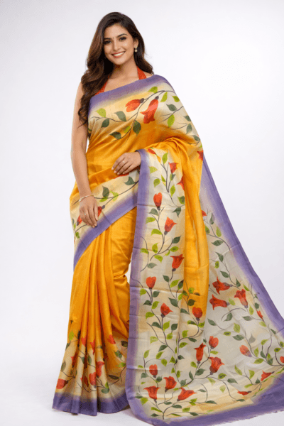 Handwoven Floral Paint Silk Sari