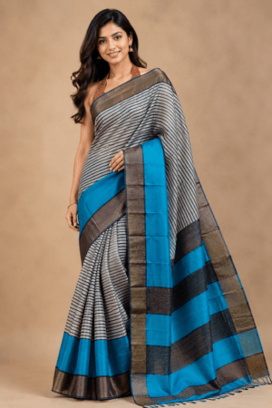 Classic Zari Tussar Silk Hand Block Print Saree