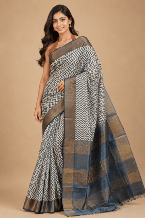 Authentic Zari Tussar Silk Hand Block Print Saree for Festive Occasions