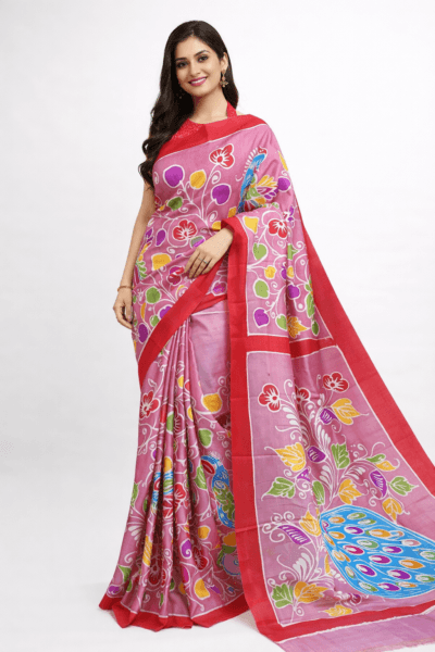Bishnupuri Batik Silk Saree pink color