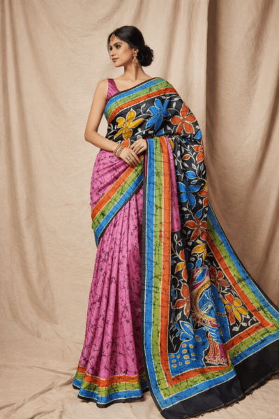 pink color batik silk saree for party wear