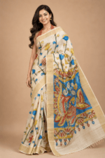 Elegant Zari Border Handloom Tussar Silk Saree with Authentic Kalamkari Painting