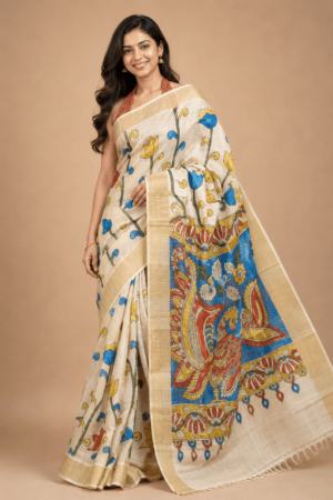 Elegant Zari Border Handloom Tussar Silk Saree with Authentic Kalamkari Painting
