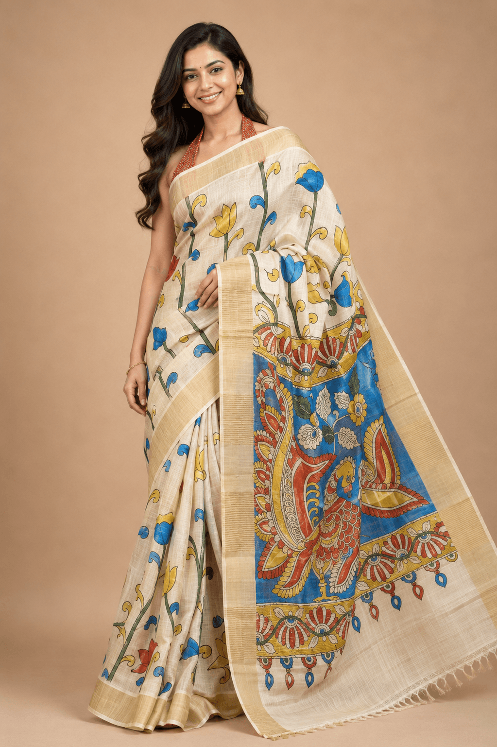 Elegant Zari Border Handloom Tussar Silk Saree with Authentic Kalamkari Painting