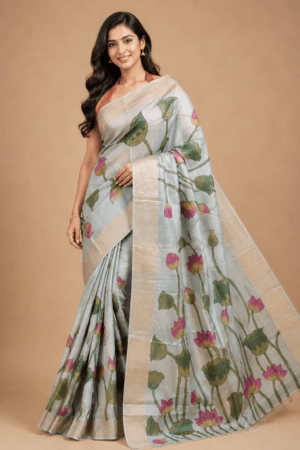 Handloom Tussar Silk Saree with Zari Border & Exquisite Kalamkari Painting