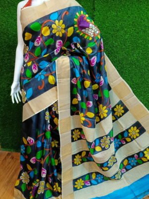 Zari Border Tussar Silk Saree Handloom Crafted with Kalamkari Art