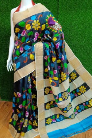 Zari Border Tussar Silk Saree Handloom Crafted with Kalamkari Art