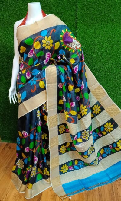 Zari Border Tussar Silk Saree Handloom Crafted with Kalamkari Art