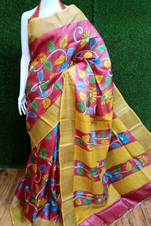Zari Border Handloom Tussar Saree Featuring Beautiful Kalamkari Painting