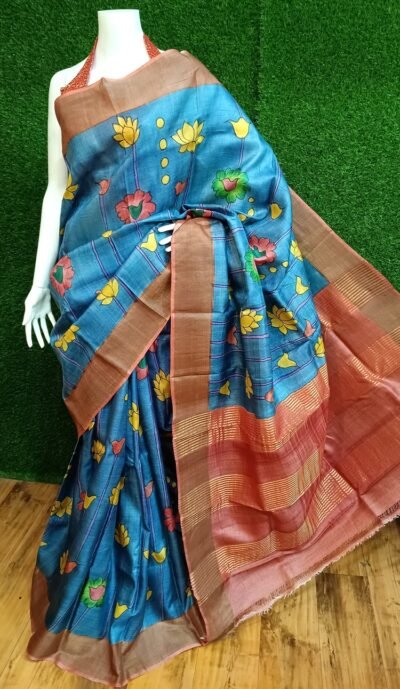 Premium Tussar Silk Saree with Zari Border and Intricate Kalamkari Designs