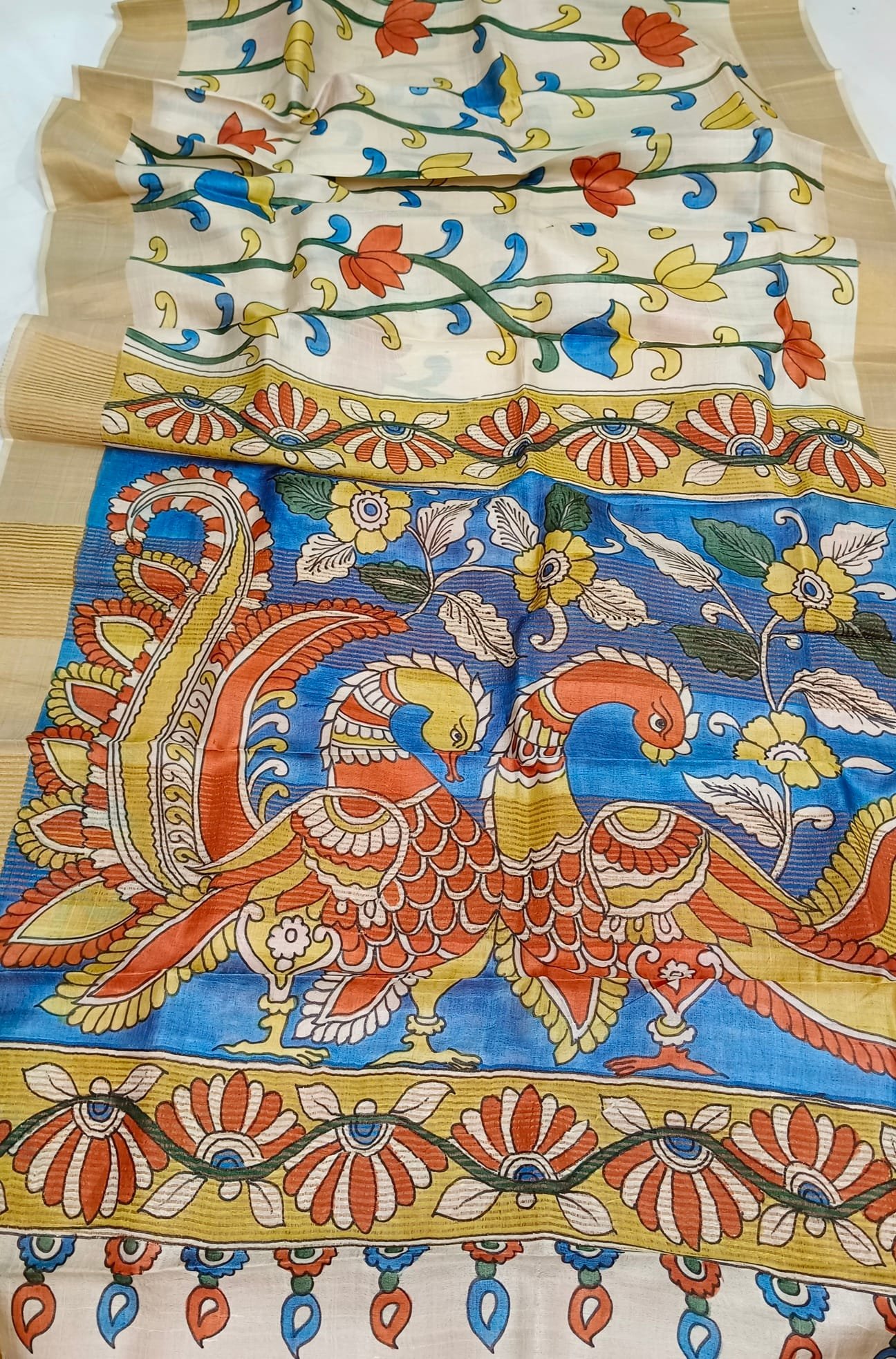 Elegant Zari Border Handloom Tussar Silk Saree with Authentic Kalamkari Painting
