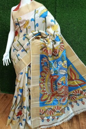 Elegant Zari Border Handloom Tussar Silk Saree with Authentic Kalamkari Painting