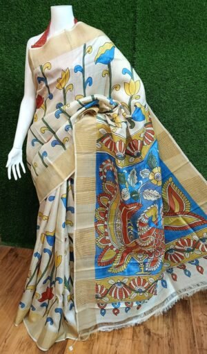 Elegant Zari Border Handloom Tussar Silk Saree with Authentic Kalamkari Painting