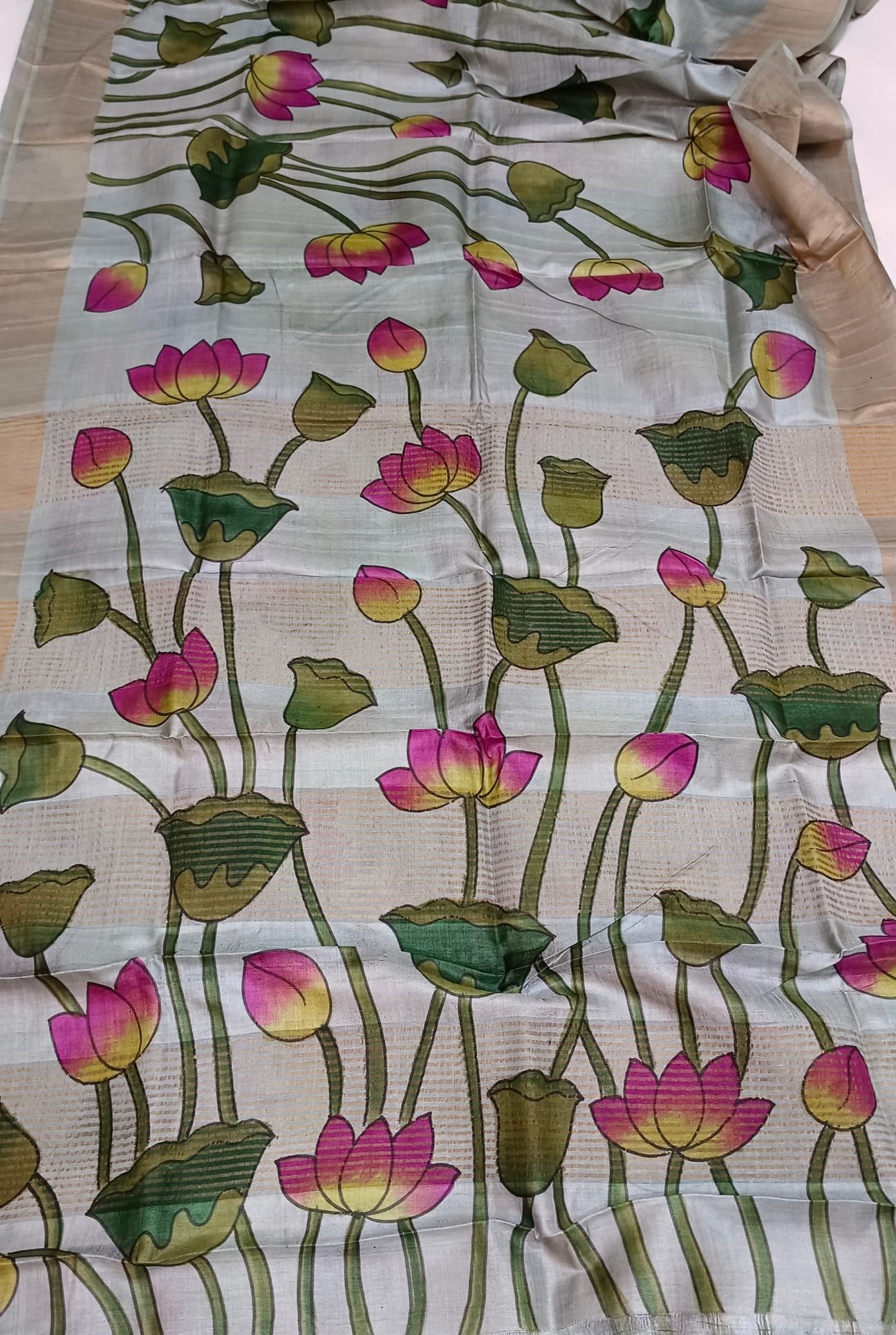 Handloom Tussar Silk Saree with Zari Border & Exquisite Kalamkari Painting