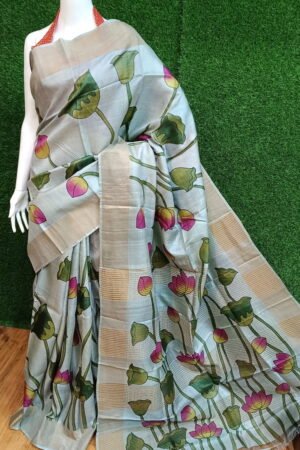 Handloom Tussar Silk Saree with Zari Border & Exquisite Kalamkari Painting