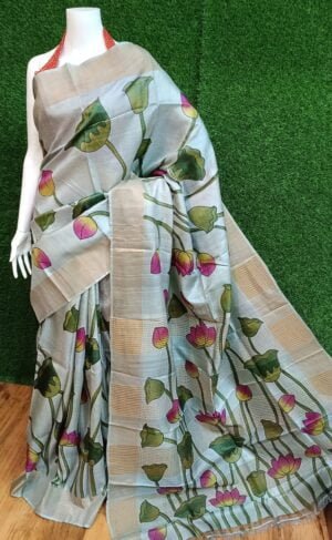 Handloom Tussar Silk Saree with Zari Border & Exquisite Kalamkari Painting