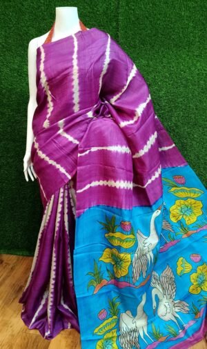 Luxurious Shibori Dye Kalamkari Hand-Painted Pure Tussar Silk Handloom Saree