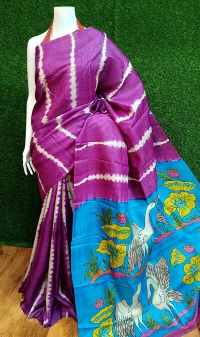 Luxurious Shibori Dye Kalamkari Hand-Painted Pure Tussar Silk Handloom Saree