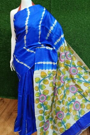 Traditional Shibori Dye Kalamkari Painted Tussar Silk Saree - Handloom Masterpiece