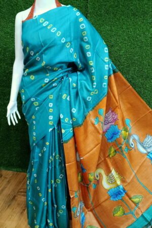 Elegant Shibori Dye Kalamkari Painted Pure Handloom Tussar Silk Saree