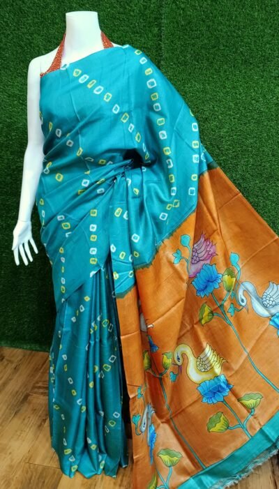 Elegant Shibori Dye Kalamkari Painted Pure Handloom Tussar Silk Saree