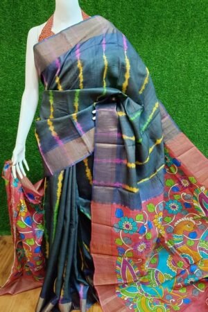 Premium Tussar Silk Saree with Zari Border and Intricate Kalamkari Designs