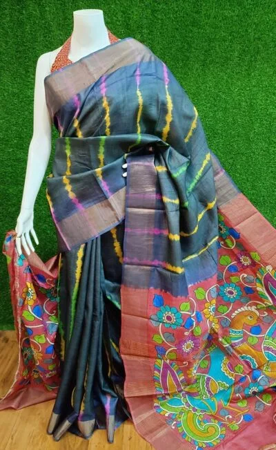 Premium Tussar Silk Saree with Zari Border and Intricate Kalamkari Designs