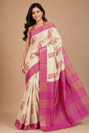 Exclusive Zari Tussar Silk Saree with Intricate Hand Block Designs