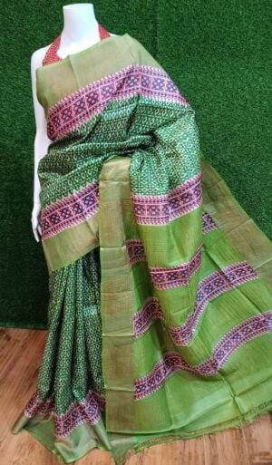 Traditional Zari Tussar Silk Saree with Hand Block Print Artistry