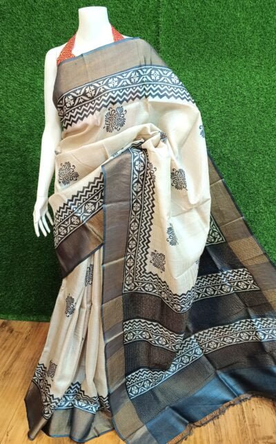 Handwoven Zari Tussar Silk Saree with Stunning Hand Block Prints