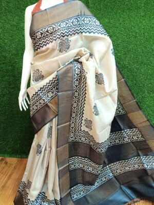 Handwoven Zari Tussar Silk Saree with Stunning Hand Block Prints