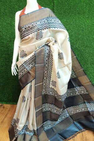Handwoven Zari Tussar Silk Saree with Stunning Hand Block Prints