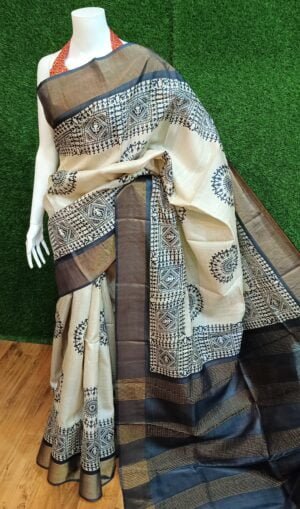 Authentic Zari Tussar Silk Hand Block Print Saree for Festive Occasions