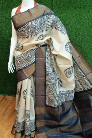 Authentic Zari Tussar Silk Hand Block Print Saree for Festive Occasions