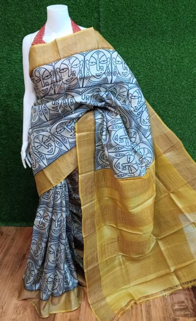 Premium Zari Tussar Silk Saree - Hand Block Printed Elegance