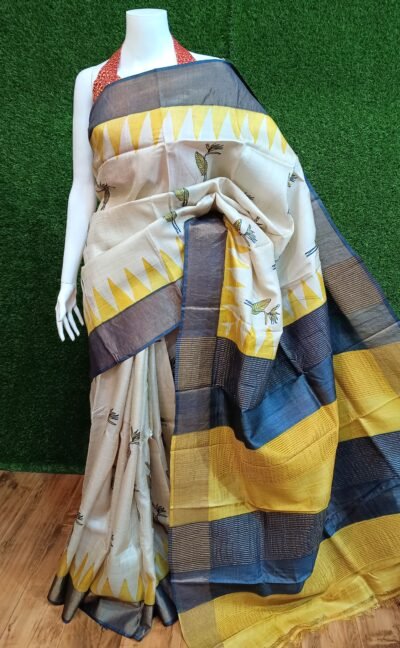 Exclusive Zari Tussar Silk Saree with Intricate Hand Block Designs