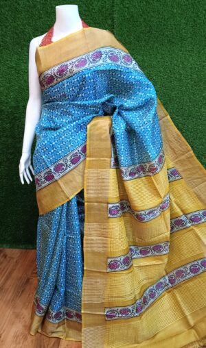 Classic Zari Tussar Silk Hand Block Print Saree