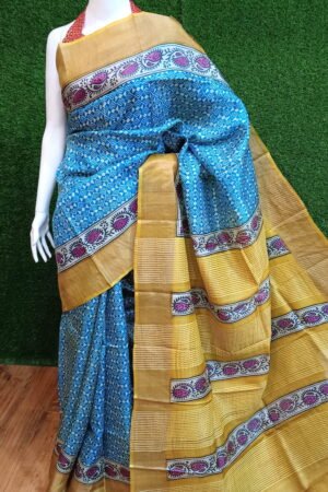 Classic Zari Tussar Silk Hand Block Print Saree
