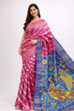 Designer Pure Tussar Silk Saree Pink Color Shibory Dye Body and Kalamkari Handpaint on Pallu