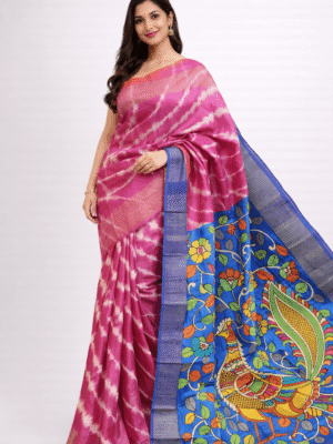 Designer Pure Tussar Silk Saree Pink Color Shibory Dye Body and Kalamkari Handpaint on Pallu