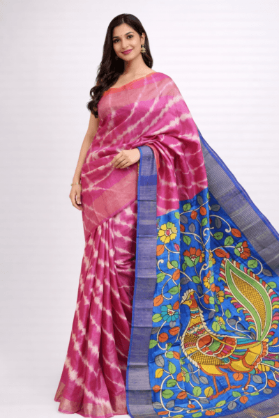 Designer Pure Tussar Silk Saree Pink Color Shibory Dye Body and Kalamkari Handpaint on Pallu
