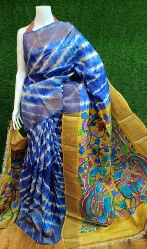 Tussar Silk Shibori Saree with Kalamkari Pallu