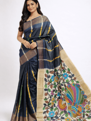 Premium Tussar Saree Black Hand-Painted Kalamkari
