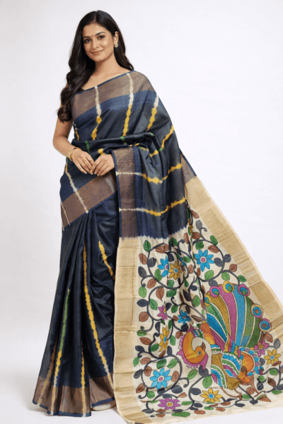 Premium Tussar Saree Black Hand-Painted Kalamkari