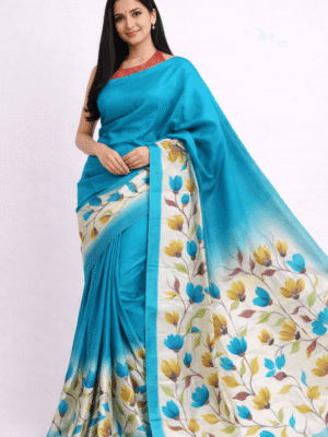 Blue Prited Silk Floral Pattu Saree
