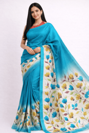 Blue Prited Silk Floral Pattu Saree
